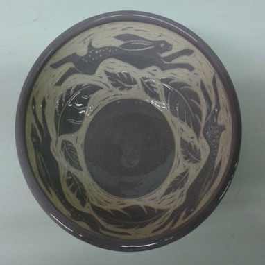 Purple sgraffito hares bowl

